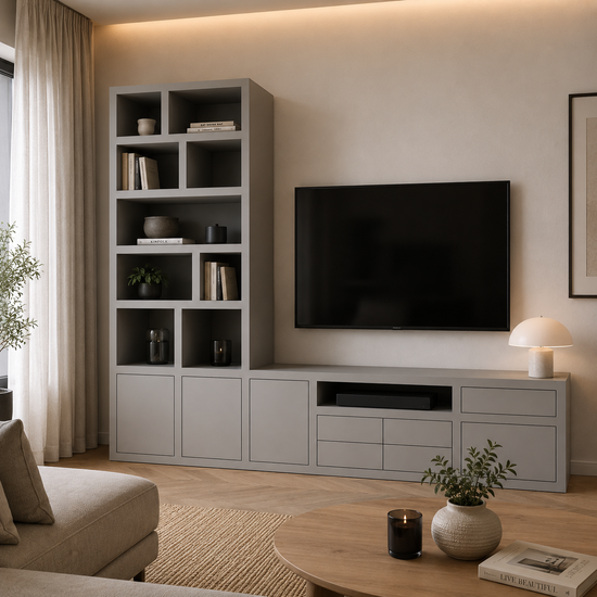123kast  Tv vakkenkast dressoir Rennes - 300x40x240H cm - push to lades - push to open deuren - open vakken - strakke afwerking