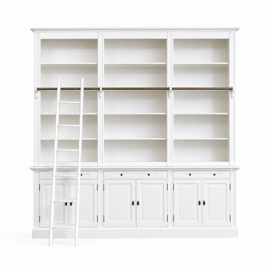 123kast  Boekenkast Melena del Sur - 300x40x240H cm - met stang en ladder - 15 planken - 3 uitschuif planken - 6 dichte scharnierdeuren - verstelbare planken