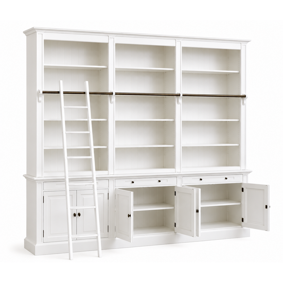 123kast  Boekenkast Melena del Sur - 300x40x240H cm - met stang en ladder - 15 planken - 3 uitschuif planken - 6 dichte scharnierdeuren - verstelbare planken
