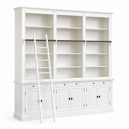 123kast  Boekenkast Melena del Sur - 300x40x240H cm - met stang en ladder - 15 planken - 3 uitschuif planken - 6 dichte scharnierdeuren - verstelbare planken
