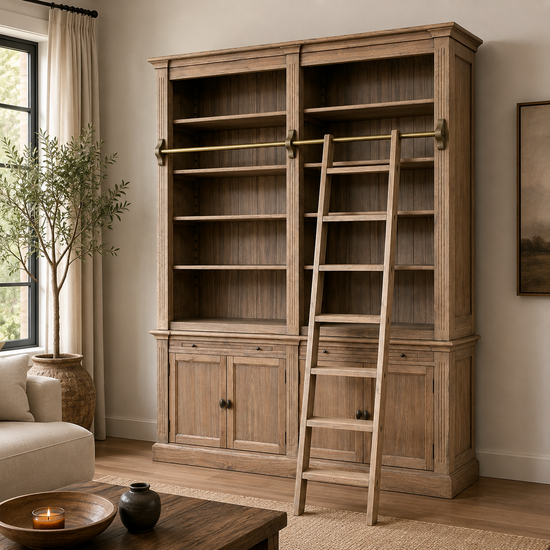 123kast  Boekenkast Melena del Sur - 200x43x240H cm -  eiken - met stang en ladder - 10 planken - 2 uitschuif planken- 4 dichte scharnierdeuren  - verstelbare planken