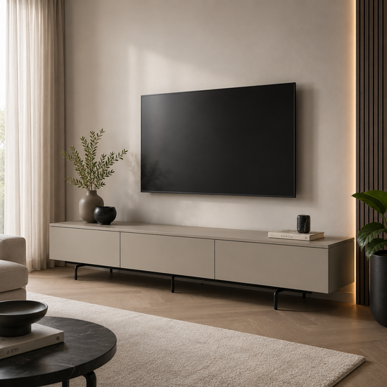 123kast  Tv dressoir Perula - 250x45x40H cm - zwart staal onderstijl - push to open lades