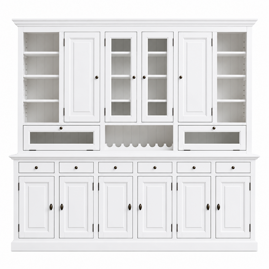 123kast  Buffetkast Capri - 300x45x230H cm - 2 vitrinedeuren - 8 dichte scharnierdeuren - 2 kleppen - 6 lades - met wijnrek - verstelbare planken