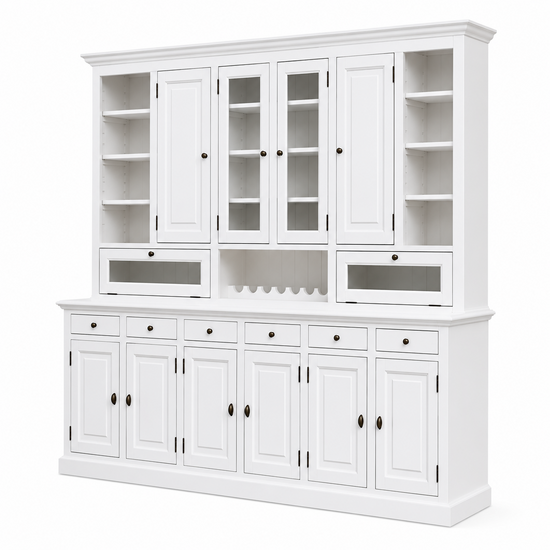 123kast  Buffetkast Capri - 300x45x230H cm - 2 vitrinedeuren - 8 dichte scharnierdeuren - 2 kleppen - 6 lades - met wijnrek - verstelbare planken