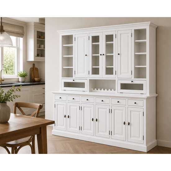 123kast  Buffetkast Capri - 300x45x230H cm - 2 vitrinedeuren - 8 dichte scharnierdeuren - 2 kleppen - 6 lades - met wijnrek - verstelbare planken