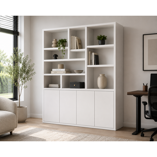 123kast  Vakkenkast Formentera - 200x35x235H cm - plank dikte 4cm - 4 greeploze push to open deuren - strak design
