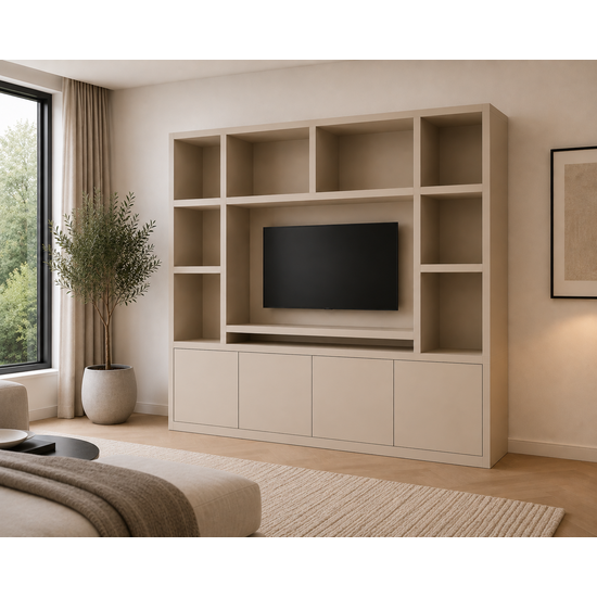 123kast  Tv vakkenkast Jose - 250x40x240H cm - 10 open vakken - 4 push to open deuren - 5cm plank dikte