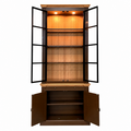 123kast  Vitrinekast Montblanc - 100x43x240H cm - 2 zwarte stalen scharnierdeuren - eiken achterwand - eiken boven en onderlijst - spot verlichting - glazen planken - 1 uitschuif plank - 2 dichte scharnierdeuren