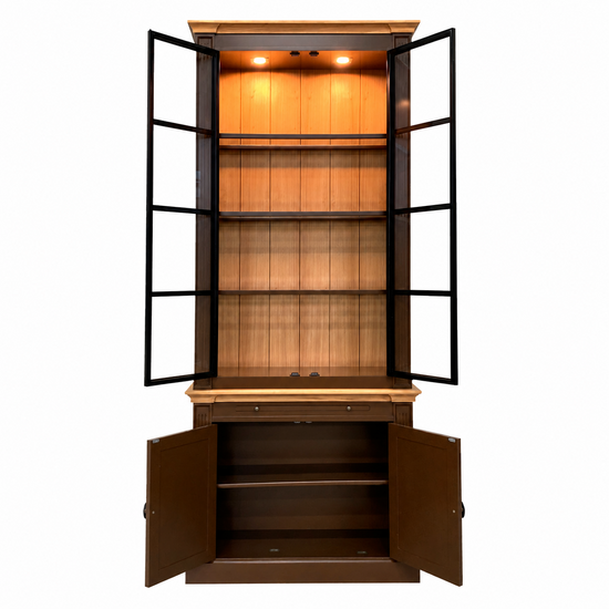 123kast  Vitrinekast Montblanc - 100x43x240H cm - 2 zwarte stalen scharnierdeuren - eiken achterwand - eiken boven en onderlijst - spot verlichting - glazen planken - 1 uitschuif plank - 2 dichte scharnierdeuren