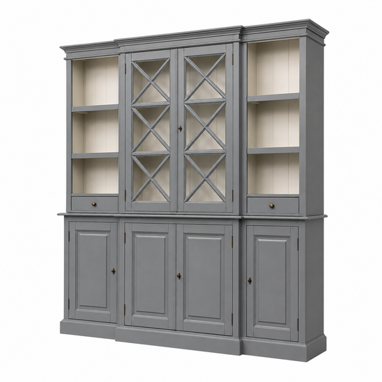 123kast  Buffetkast San Marino - 220x50x215H cm - open vakken - 2 vitrine scharnierdeuren met kruisen - 2 soft close lades - 4 dichte scharnierdeuren