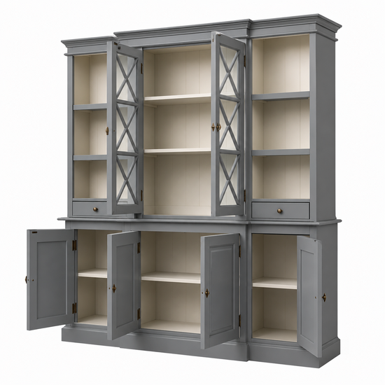 123kast  Buffetkast San Marino - 220x50x215H cm - open vakken - 2 vitrine scharnierdeuren met kruisen - 2 soft close lades - 4 dichte scharnierdeuren