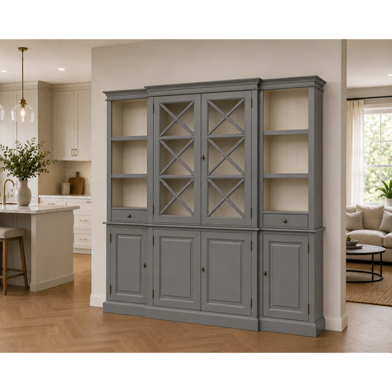 123kast  Buffetkast San Marino - 220x50x215H cm - open vakken - 2 vitrine scharnierdeuren met kruisen - 2 soft close lades - 4 dichte scharnierdeuren