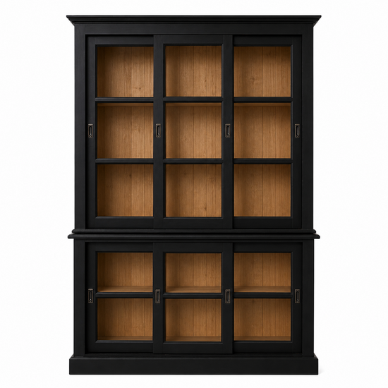 123kast  Vitrinekast Apeldoorn - 150x47x220H - bovenkast en onderkast met glazen schuifdeuren - eiken achterwand - glazen zijkanten