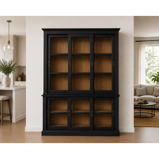 123kast  Vitrinekast Apeldoorn - 150x47x220H - bovenkast en onderkast met glazen schuifdeuren - eiken achterwand - glazen zijkanten