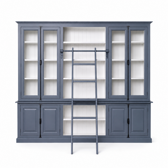 123kast  Boekenkast - English library - 300x50x230H cm - met ladder - met vitrinedeuren - espagnolet sluiting