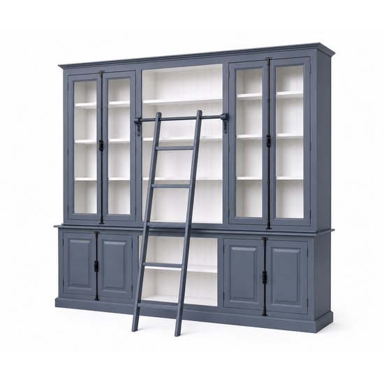 123kast  Boekenkast - English library - 300x50x230H cm - met ladder - met vitrinedeuren - espagnolet sluiting