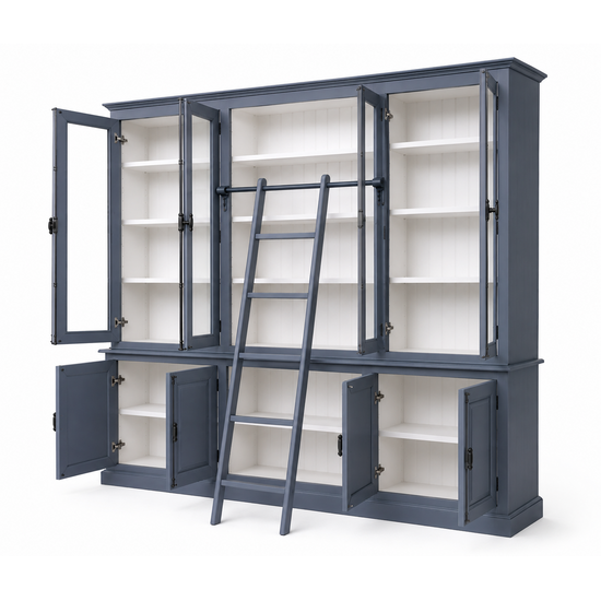 123kast  Boekenkast - English library - 300x50x230H cm - met ladder - met vitrinedeuren - espagnolet sluiting