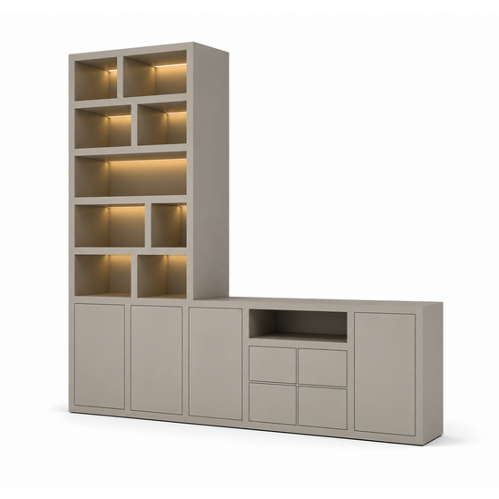 123kast  Tv vakkenkast dressoir Fleurus - 300x40x240H cm - push to open deuren - 4 push to open lades - strakke afwerking (STANDAARD ZONDER VERLICHTING)