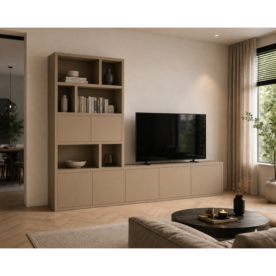 123kast  Tv vakkenkast Frankston - 300x45x235H cm - 7 deurtjes - 6 open vakken - 4cm plank dikte
