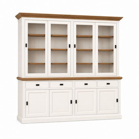 123kast  Buffetkast Bari - 240x50x240H cm - eiken middenlijst - eiken bovelijst - 4 vitrine schuifdeuren - 4 dichte schuifdeuren -4 soft close lades