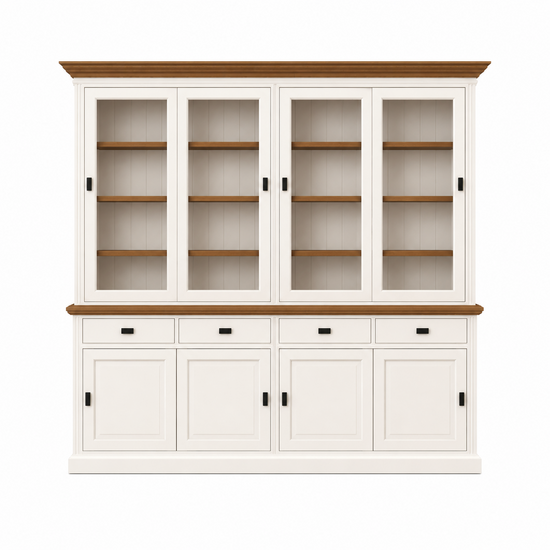 123kast  Buffetkast Bari - 240x50x240H cm - eiken middenlijst - eiken bovelijst - 4 vitrine schuifdeuren - 4 dichte schuifdeuren -4 soft close lades