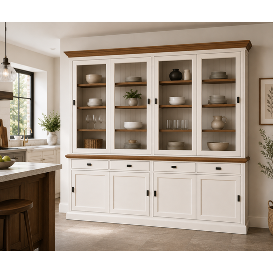 123kast  Buffetkast Bari - 240x50x240H cm - eiken middenlijst - eiken bovelijst - 4 vitrine schuifdeuren - 4 dichte schuifdeuren -4 soft close lades
