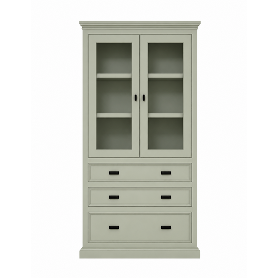 123kast  Vitrine/lade kast Foggia 01 - 107x48x225H cm - 2 vitrinedeuren - 3 brede soft close lades - landelijke/klassiek sierlijst