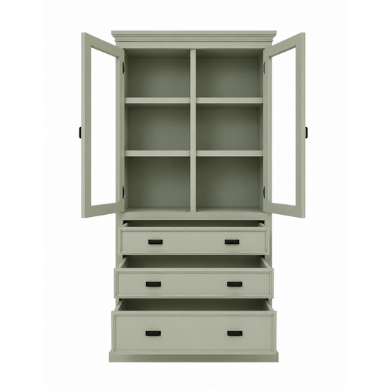 123kast  Vitrine/lade kast Foggia 01 - 107x48x225H cm - 2 vitrinedeuren - 3 brede soft close lades - landelijke/klassiek sierlijst