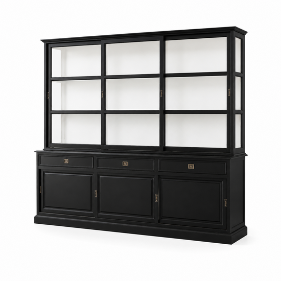 123kast  Buffetkast Miami Beach - 240x53x218H cm - 3 vitrine schuifdeuren - 3 lades - 3 dichte schuifdeuren - glazen zijkanten