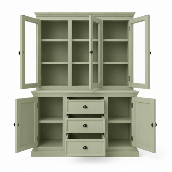 123kast  Buffetkast Foggia 03 - 160x48x225H cm - 3 vitrinedeuren - 3 soft close lades - 2 dichte deuren - landelijke/klassieke sierlijst