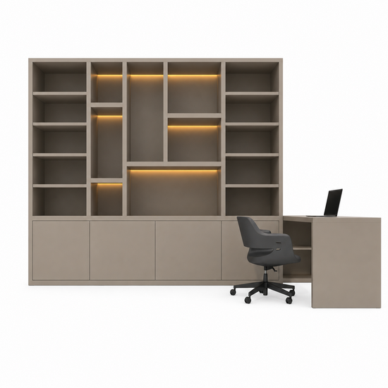 123kast  Vakkenkast Bellac - 365x40x250H cm - boekenkast/inbouw bureau - 5 cm plankdikte - verstelbare planken in boekenkast gedeelte