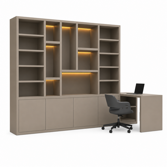 123kast  Vakkenkast Bellac - 365x40x250H cm - boekenkast/inbouw bureau - 5 cm plankdikte - verstelbare planken in boekenkast gedeelte