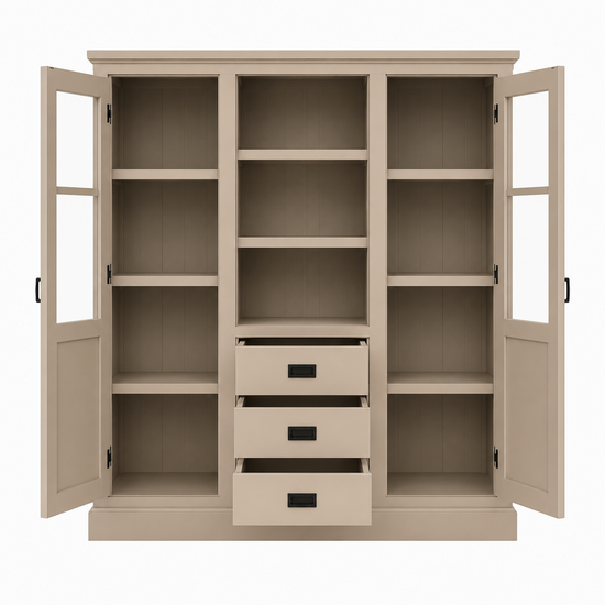 123kast  Buffetkast Barletta - 140x48x160H cm - meidenkast - 2 vitrine deuren - open midden ruimte - 3 soft close lades