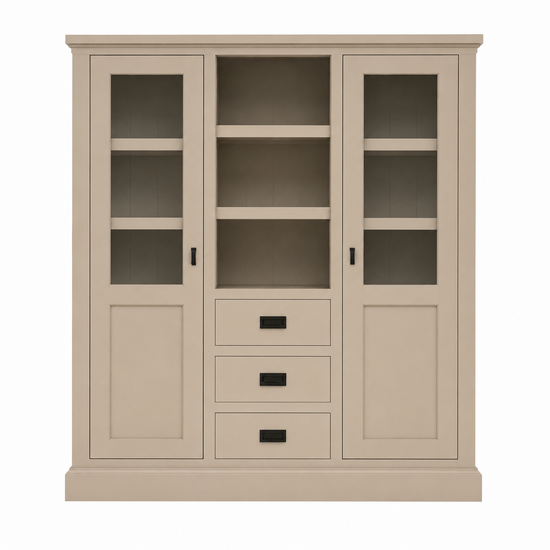 123kast  Buffetkast Barletta - 140x48x160H cm - meidenkast - 2 vitrine deuren - open midden ruimte - 3 soft close lades