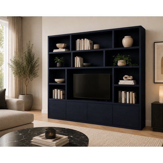123kast  Vakkenkast Milaan - 300x40x240H cm - Cinewall - 1 tv paneel - strak design  - 4 push to open deuren - open tv vak