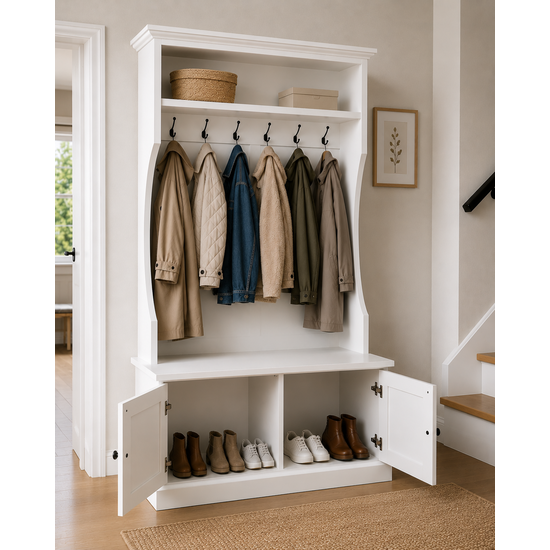 123kast  Garderobekast Mykonos - 130x50x220H cm - kapstok met zitbankje - 2 kast deurtjes
