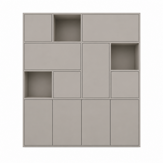 123kast  Vakkenkast Norwich - 210x40x235H cm - 5 cm plank dikte - dichte push to open deuren en open schappen in bovenkast - strak design