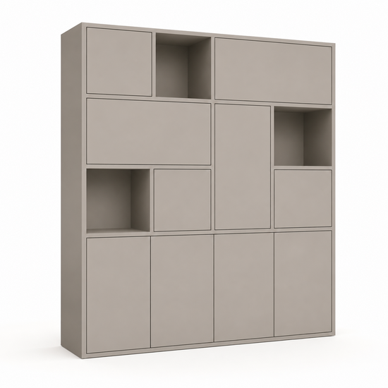 123kast  Vakkenkast Norwich - 210x40x235H cm - 5 cm plank dikte - dichte push to open deuren en open schappen in bovenkast - strak design