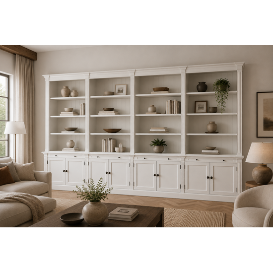 123kast  Boekenkast Melena del Sur - 400x43x240H cm - 16 planken - 4 uitschuifplanken - 8 dichte scharnierdeuren - verstelbare planken