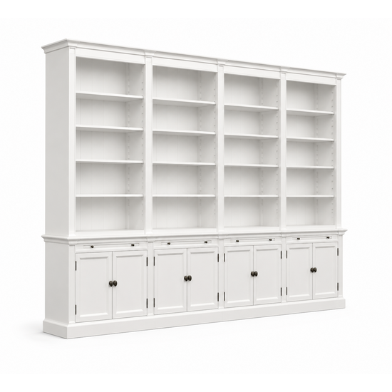 123kast  Boekenkast Melena del Sur - 400x43x240H cm - 16 planken - 4 uitschuifplanken - 8 dichte scharnierdeuren - verstelbare planken