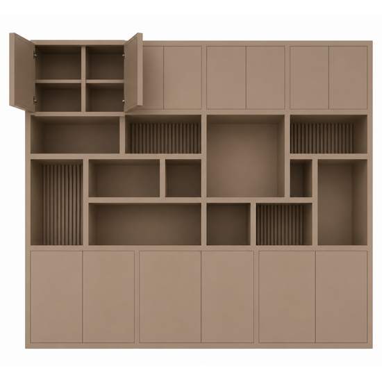 123kast  Vakkenkast Karumba - 340x50x263H cm - dichten deuren - 5cm plank dikte - open vakken - eiken panelen - strakke afwerking