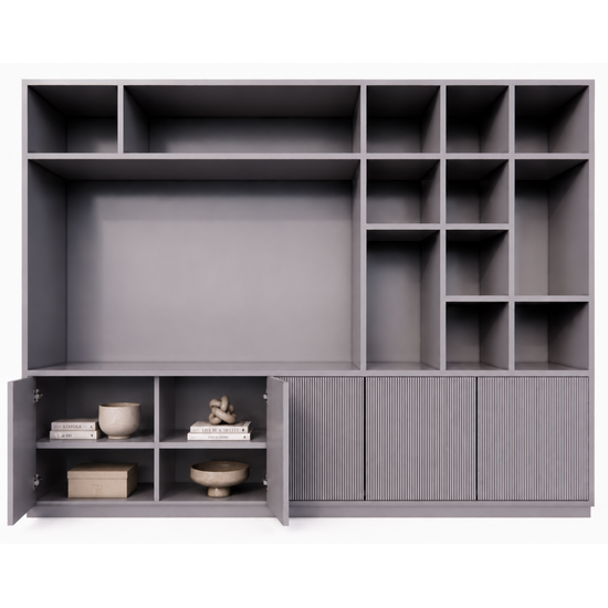 123kast  TV vakkenkast Padua - 300x40x240H cm - 4cm plank dikte - met cinewall/tv vak - strak design - open vakken - 5 greeploze push to open deuren met bewerking - met kabelgat in tv vak