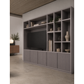 123kast  Cinewall Padua - 300x40x240H cm - 4cm plank dikte - met cinewall/tv vak - strak design - open vakken - 5 greeploze push to open deuren met bewerking - met kabelgat in tv vak