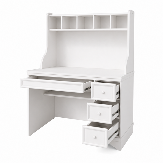 123kast  Kinderbureau Montpellier - 110x65x140H cm - open vakken - 3 lades - uitschuif lade - landelijke afwerking
