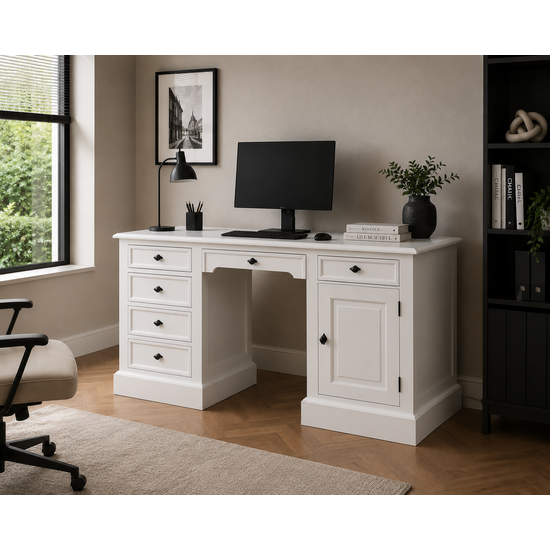 123kast  Engels Bureau Philine - 160x70x79H cm - uitschuifbaar toetsenblad - 5 soft close lades - 1 dichte scharnierdeur - klassiek