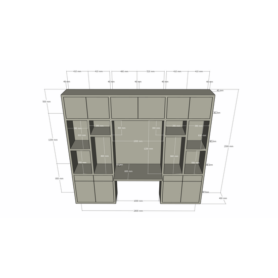 123kast  Bureau vakkenkast Chauny - 280x40x250H cm - push to open deuren - push to open lades - 4cm plank dikte - strakke afwerking