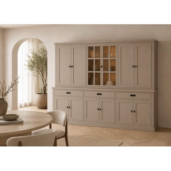123kast  Buffetkast Aveiro - 300x50x220H cm - vitrinedeuren - 3 soft close lades - 12 scharnierdeuren