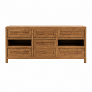 Dressoir - 220 x 50 x 80H cm - Robuust kleur eiken - 7 lades - 2 open vakken