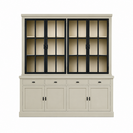 123kast Voorraad buffetkast Montana 04 - 220x46x220H cm - 4 stalen deuren - strak design - zwarte greepjes - 4 soft close lades - nieuw in de verpakking