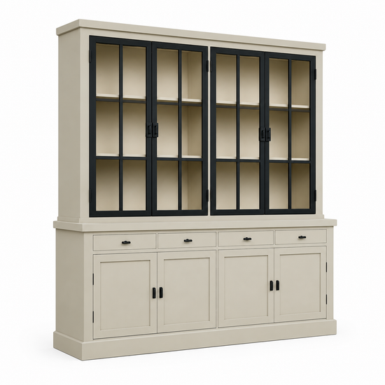 123kast Voorraad buffetkast Montana 04 - 220x46x220H cm - 4 stalen deuren - strak design - zwarte greepjes - 4 soft close lades - nieuw in de verpakking